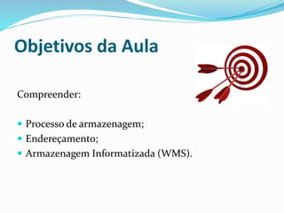 Objetivos da Aula 
Compreender: 
 Processo de armazenagem; 
 Endereçamento; 
 Armazenagem Informatizada (WMS). 
 