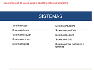 Uso obrigatorio de jaleco, calça e sapato fechado no laboratório
SISTEMAS
 Sistema ósseo
 Sistema articular
 Sistema muscular
 Sistema nervoso
 Sistema linfatico
 Sistema circulatório
 Sistema respiratório
 Sistema digestório
 Sistema urinário
 Sistema genital masculino e
feminino
 
