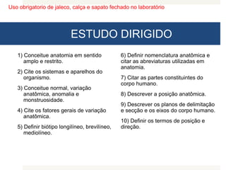 Uso obrigatorio de jaleco, calça e sapato fechado no laboratório
ESTUDO DIRIGIDO
1) Conceitue anatomia em sentido
amplo e restrito.
2) Cite os sistemas e aparelhos do
organismo.
3) Conceitue normal, variação
anatômica, anomalia e
monstruosidade.
4) Cite os fatores gerais de variação
anatômica.
5) Definir biótipo longilíneo, brevilíneo,
mediolíneo.
6) Definir nomenclatura anatômica e
citar as abreviaturas utilizadas em
anatomia.
7) Citar as partes constituintes do
corpo humano.
8) Descrever a posição anatômica.
9) Descrever os planos de delimitação
e secção e os eixos do corpo humano.
10) Definir os termos de posição e
direção.
 