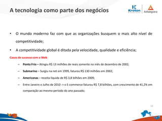 A tecnologia como parte dos negócios
• O mundo moderno faz com que as organizações busquem o mais alto nível de
competitividade;
• A competitividade global é ditada pela velocidade, qualidade e eficiência;
Casos de sucesso com a Web
– Ponto Frio – Atingiu R$ 13 milhões de reais somente no mês de dezembro de 2002;
– Submarino – Surgiu na net em 1999, faturou R$ 130 milhões em 2002;
– Americanas – receita líquida de R$ 3,8 bilhões em 2009;
– Entre Janeiro e Julho de 2010 -> o E-commerce faturou R$ 7,8 bilhões, com crescimento de 41,2% em
comparação ao mesmo período do ano passado;
12
 