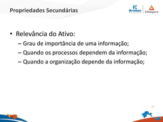 Propriedades Secundárias
• Relevância do Ativo:
– Grau de importância de uma informação;
– Quando os processos dependem da informação;
– Quando a organização depende da informação;
27
 