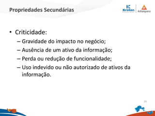 Propriedades Secundárias
• Criticidade:
– Gravidade do impacto no negócio;
– Ausência de um ativo da informação;
– Perda ou redução de funcionalidade;
– Uso indevido ou não autorizado de ativos da
informação.
29
 