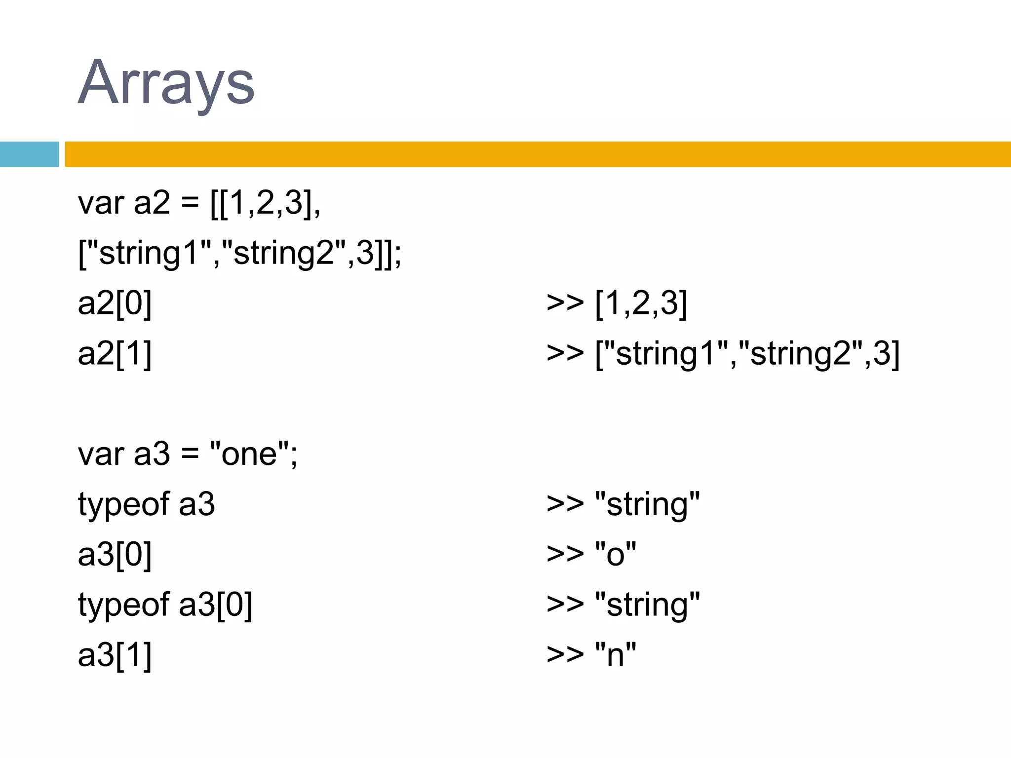 Arraysvar a2 = [[1,2,3],["string1","string2",3]];a2[0]a2[1]var a3 = "one";typeof a3a3[0]typeof a3[0]a3[1]>> [1,2,3]>> ["string1","string2",3]>> "string" >> "o">> "string">> "n"