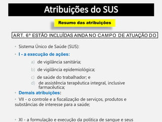ART. 6º ESTÃO INCLUÍDAS AINDA NO CAMPO DE ATUAÇÃO DO
• Sistema Único de Saúde (SUS):
• I - a execução de ações:
a) de vigilância sanitária;
b) de vigilância epidemiológica;
c) de saúde do trabalhador; e
d) de assistência terapêutica integral, inclusive
farmacêutica;
• Demais atribuições:
• VII - o controle e a fiscalização de serviços, produtos e
substâncias de interesse para a saúde;
• XI - a formulação e execução da política de sangue e seus
Resumo das atribuições
 