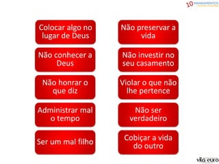 Colocar algo no
lugar de Deus
Não conhecer a
Deus
Não honrar o
que diz
Administrar mal
o tempo
Ser um mal filho
Não preservar a
vida
Não investir no
seu casamento
Violar o que não
lhe pertence
Não ser
verdadeiro
Cobiçar a vida
do outro
 
