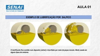 AULA 01
EXEMPLO DE LUBRIFICAÇÃO POR SALPICO
O lubrificante fica contido num deposito (cárter)) é borrifado por meio de peças moveis. Muito usada em
alguns tipos de motores.
 