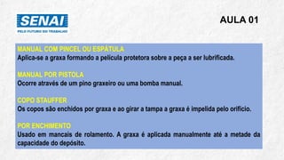 AULA 01
MANUAL COM PINCEL OU ESPÁTULA
Aplica-se a graxa formando a película protetora sobre a peça a ser lubrificada.
MANUAL POR PISTOLA
Ocorre através de um pino graxeiro ou uma bomba manual.
COPO STAUFFER
Os copos são enchidos por graxa e ao girar a tampa a graxa é impelida pelo orifício.
POR ENCHIMENTO
Usado em mancais de rolamento. A graxa é aplicada manualmente até a metade da
capacidade do depósito.
 
