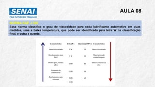AULA 08
NORMA SAE J 300
Essa norma classifica o grau de viscosidade para cada lubrificante automotivo em duas
medidas, uma a baixa temperatura, que pode ser identificada pela letra W na classificação
final, e outra a quente.
 