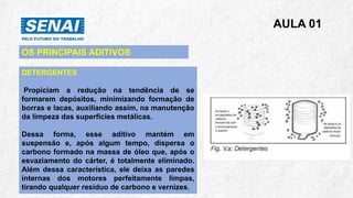 AULA 01
OS PRINCIPAIS ADITIVOS
DETERGENTES
Propiciam a redução na tendência de se
formarem depósitos, minimizando formação de
borras e lacas, auxiliando assim, na manutenção
da limpeza das superfícies metálicas.
Dessa forma, esse aditivo mantém em
suspensão e, após algum tempo, dispersa o
carbono formado na massa de óleo que, após o
esvaziamento do cárter, é totalmente eliminado.
Além dessa característica, ele deixa as paredes
internas dos motores perfeitamente limpas,
tirando qualquer resíduo de carbono e vernizes.
 