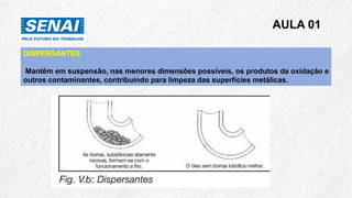 AULA 01
DISPERSANTES
Mantêm em suspensão, nas menores dimensões possíveis, os produtos da oxidação e
outros contaminantes, contribuindo para limpeza das superfícies metálicas.
 