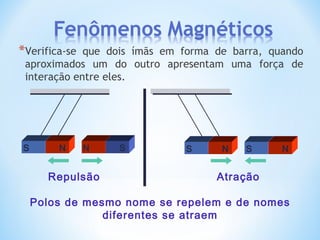 *Verifica-se que dois ímãs em forma de barra, quando
aproximados um do outro apresentam uma força de
interação entre eles.
Polos de mesmo nome se repelem e de nomes
diferentes se atraem
S NS N
Repulsão Atração
N S S N
 