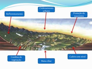 Cultivo em nível
Mata ciliar
Cordões de
vegetação
Reflorestamento Proteção de
nascentes
Ordenamento
urbano
 