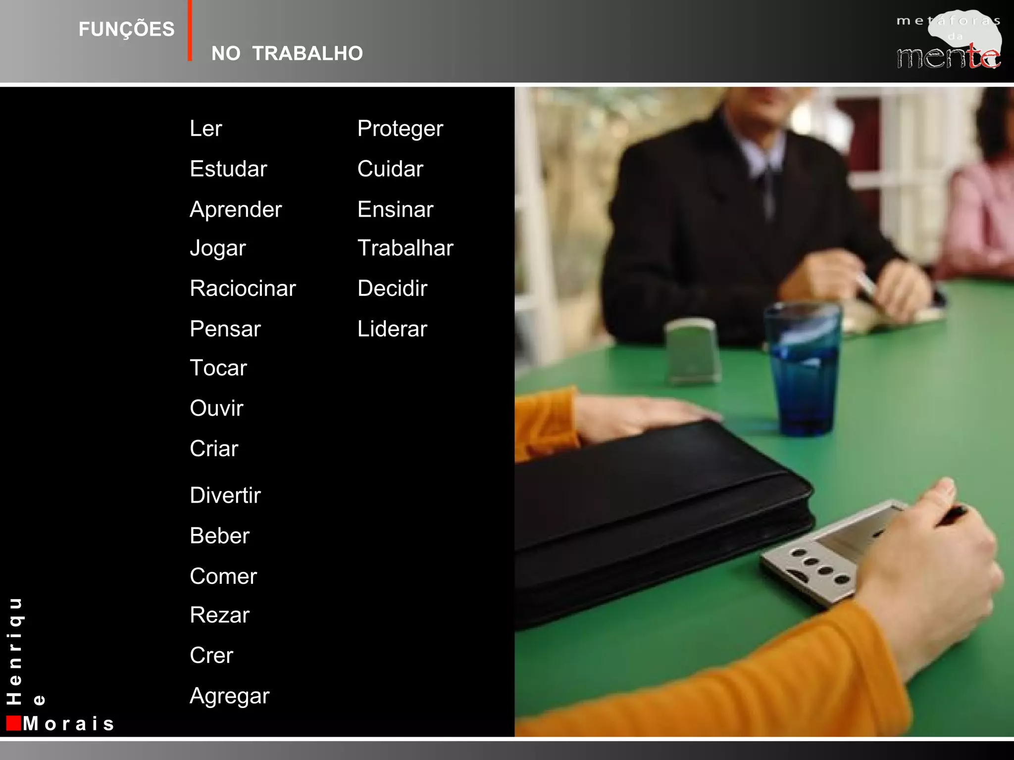 FUNÇÕESNO  TRABALHOProtegerCuidarEnsinarLerEstudarAprenderJogarRaciocinarPensarTrabalharDecidirLiderarTocarOuvirCriarDivertirBeberComerRezar CrerAgregar