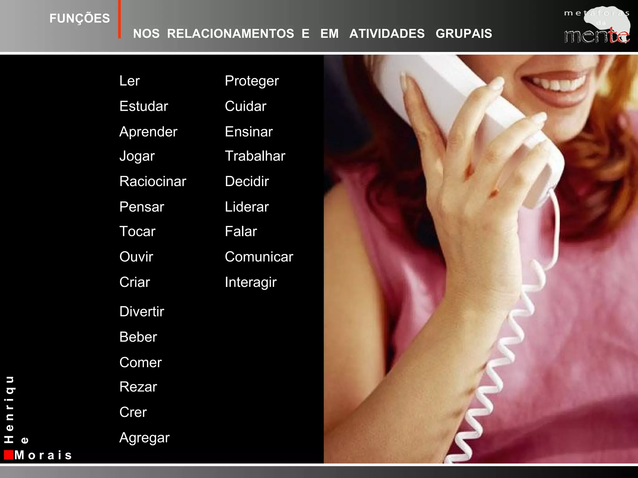 FUNÇÕESNOS  RELACIONAMENTOS  E   EM   ATIVIDADES   GRUPAISProtegerCuidarEnsinarLerEstudarAprenderJogarRaciocinarPensarTrabalharDecidirLiderarTocarOuvirCriarFalar ComunicarInteragirDivertirBeberComerRezar CrerAgregar