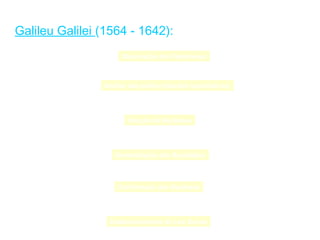 Galileu Galilei (1564 - 1642):
                     Observação dos Fenômenos



                Análise das partes (relações quantitativas)




                       Indução de Hipóteses




                   Generalização dos Resultados




                    Confirmação das Hipóteses




                 Estabelecimentos de Leis Gerais
 