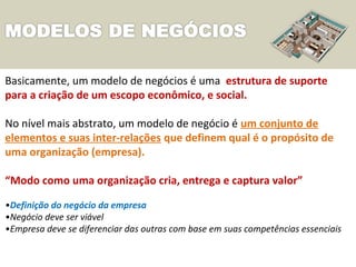 Basicamente, um modelo de negócios é uma estrutura de suporte
para a criação de um escopo econômico, e social.
No nível mais abstrato, um modelo de negócio é um conjunto de
elementos e suas inter-relações que definem qual é o propósito de
uma organização (empresa).
“Modo como uma organização cria, entrega e captura valor”
•Definição do negócio da empresa
•Negócio deve ser viável
•Empresa deve se diferenciar das outras com base em suas competências essenciais
 