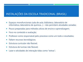 INSTALAÇÕES DA ESCOLA TRADICONAL (BRASIL)
 Espaços monofuncionais (sala de aula, biblioteca, laboratório de
informática, laboratório de química...) – não permitem atividades variadas;
 Pouco preparadas para métodos ativos de ensino e aprendizagem;
 Foco no conteúdo e avaliação;
 Professor como responsável pelo processo como um todo e resultados;
 Faltam recursos tecnológicos;
 Estrutura curricular não flexível;
 Estrutura de turmas não flexível;
 Lazer e atividades de interação tidas como “extras”;
 