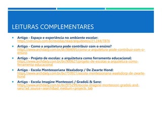LEITURAS COMPLEMENTARES
 Artigo - Espaço e experiência no ambiente escolar:
https://vitruvius.com.br/revistas/read/arquitextos/21.244/7876
 Artigo - Como a arquitetura pode contribuir com o ensino?
https://www.archdaily.com.br/br/984095/como-a-arquitetura-pode-contribuir-com-o-
ensino
 Artigo - Projeto de escolas: a arquitetura como ferramenta educacional:
https://www.archdaily.com.br/br/900627/projeto-de-escolas-a-arquitetura-como-
ferramenta-educacional
 Artigo - Escola Montessoriana Waalsdorp / De Zwarte Hond:
https://www.archdaily.com.br/br/759921/escola-montessoriana-waalsdorp-de-zwarte-
hond
 Artigo - Escola Imagine Montessori / Gradolí & Sanz:
https://www.archdaily.com.br/br/975299/escola-imagine-montessori-gradoli-and-
sanz?ad_source=search&ad_medium=projects_tab
 
