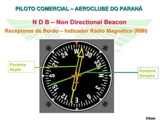 N D B – Non Directional Beacon Receptores de Bordo – Indicador Rádio Magnético (RMI)  Ponteiro Simples César Ponteiro Duplo 