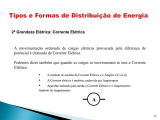 2ª Grandeza Elétrica: Corrente Elétrica
A movimentação ordenada de cargas elétricas provocada pela diferença de
potencial é chamada de Corrente Elétrica.
Podemos dizer também que quando as cargas se movimentam se tem a Corrente
Elétrica.
15
 