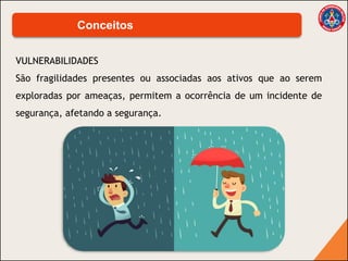 VULNERABILIDADES
São fragilidades presentes ou associadas aos ativos que ao serem
exploradas por ameaças, permitem a ocorrência de um incidente de
segurança, afetando a segurança.
Conceitos
 