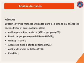 MÉTODOS
Existem diversos métodos utilizados para a o estudo da análise de
riscos, dentre os quais podemos citar:
• Análise preliminar de riscos (APR) / perigos (APP);
• Estudo de perigos e operabilidade (HAZOP);
• What if - “E se”;
• Análise de modo e efeito de falha (FMEA);
• Análise de árvore de falhas (FTA);
• Checklist;
Análise de riscos
 