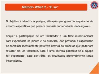 O objetivo é identificar perigos, situações perigosas ou sequências de
eventos específicos que possam produzir consequências indesejáveis.
Requer a participação de um facilitador e um time multifuncional
com experiência na planta e no processo, que possuam a capacidade
de combinar mentalmente possíveis desvios do processo que poderiam
resultar em um incidente. Essa é uma técnica poderosa se a equipe
for experiente; caso contrário, os resultados provavelmente serão
incompletos.
Método What if - “E se”
 