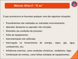 O que aconteceria se houvesse qualquer uma das seguintes situações:
• Procedimentos não realizados ou realizados incorretamente;
• Operador desatento ou operador não treinado;
• Distúrbios nas condições do processo;
• Falha de equipamento;
• Instrumentação mal calibrada;
• Interrupção no fornecimento de energia, vapor, gás, água,
combustíveis, etc;
• Influências externas, como condições climáticas, vandalismo, fogo;
• Combinação de eventos, como falhas múltiplas de equipamentos;
Método What if - “E se”
 