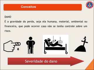 DANO
É a gravidade da perda, seja ela humana, material, ambiental ou
financeira, que pode ocorrer caso não se tenha controle sobre um
risco.
Conceitos
Severidade do dano
 