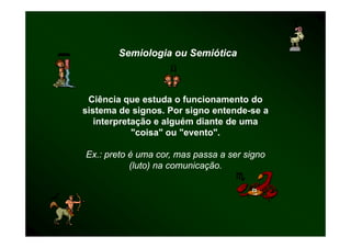 Semiologia ou Semiótica



 Ciência que estuda o f
 Cê                     funcionamento do
sistema de signos. Por signo entende-se a
   interpretação e alguém diante de uma
            "coisa" ou "evento".

Ex.:
E preto é uma cor, mas passa a ser signo
     t                              i
        (luto) na comunicação.
 