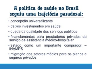 A política de saúde no Brasil
seguiu uma trajetória paradoxal:
• concepção universalizante
• baixos investimentos em saúde
• queda da qualidade dos serviços públicos
• financiamentos para prestadores privados de
serviço de assistência médico-hospitalar
• estado como um importante comprador –
INAMPS
• migração dos setores médios para os planos e
seguros privados
 