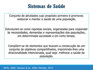 Conjunto de atividades cujo propósito primeiro é promover,
restaurar e manter a saúde de uma população.
Estruturam-se como repostas sociais, organizadas para responder
às necessidades, demandas e representações das populações,
em determinada sociedade e em certo tempo.
Compõem-se de elementos que buscam a consecução de um
conjunto de objetivos compartilhados, imprimindo-lhes uma
direcionalidade intencionada, qual seja: melhorar a saúde da
população.
Sistemas de Saúde
WHO, 2000; Viacava et al., 2004; Mendes, 2015
 