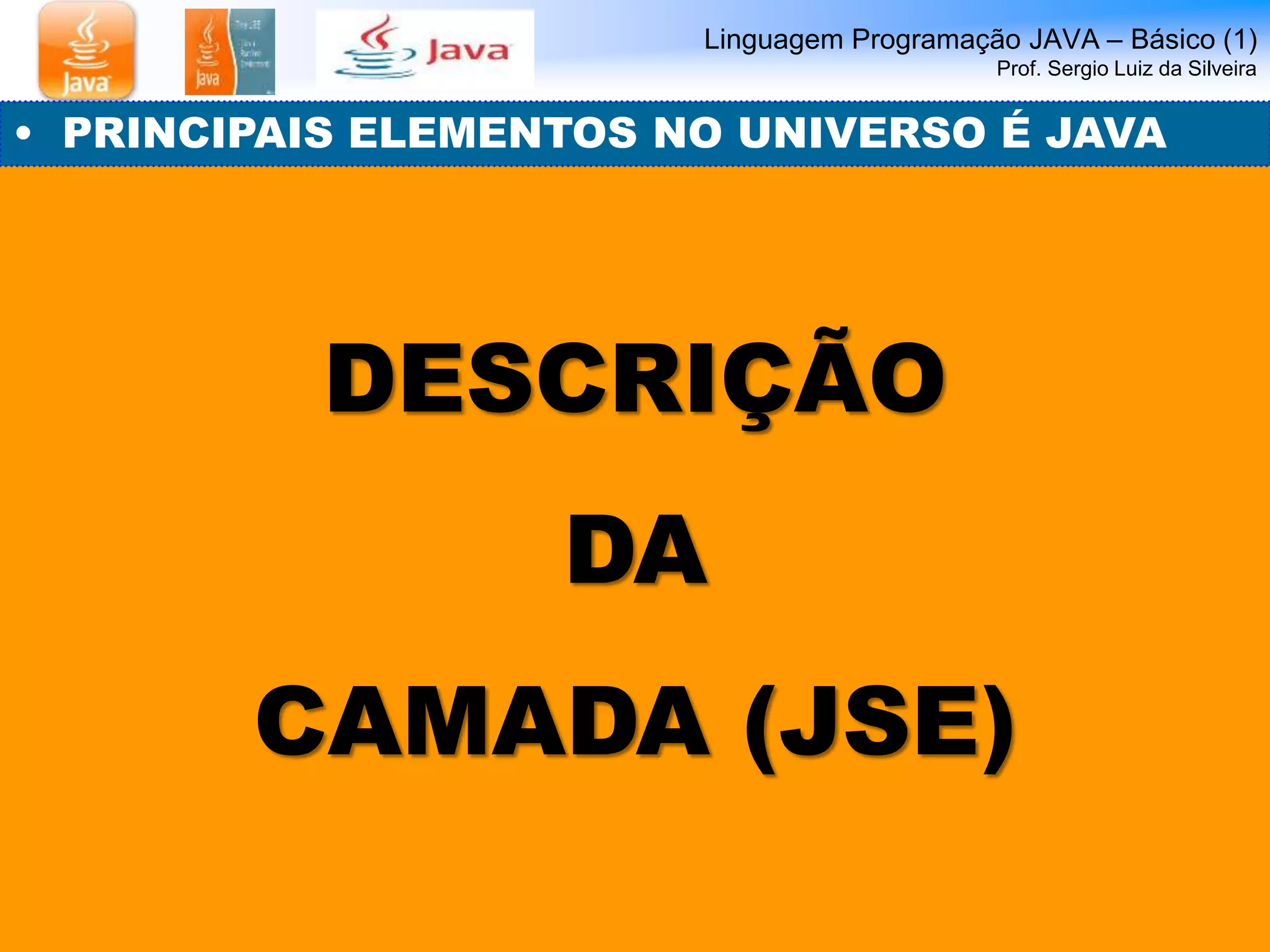Linguagem Programação JAVA – Básico (1) 
Prof. Sergio Luiz da Silveira 
• PRINCIPAIS ELEMENTOS NO UNIVERSO É JAVA 
DESCRIÇÃO 
DA 
CAMADA (JSE) 
 