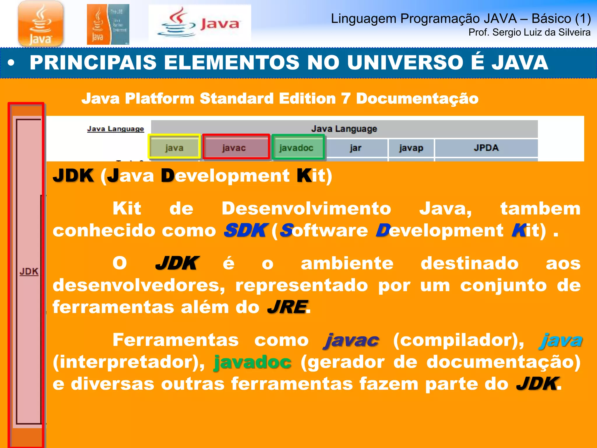 Linguagem Programação JAVA – Básico (1) 
Prof. Sergio Luiz da Silveira 
• PRINCIPAIS ELEMENTOS NO UNIVERSO É JAVA 
Java Platform Standard Edition 7 Documentação 
JDK (Java Development Kit) 
Kit de Desenvolvimento Java, tambem 
conhecido como SDK (Software Development Kit) . 
O JDK é o ambiente destinado aos 
desenvolvedores, representado por um conjunto de 
ferramentas além do JRE. 
Ferramentas como javac (compilador), java 
(interpretador), javadoc (gerador de documentação) 
e diversas outras ferramentas fazem parte do JDK. 
 