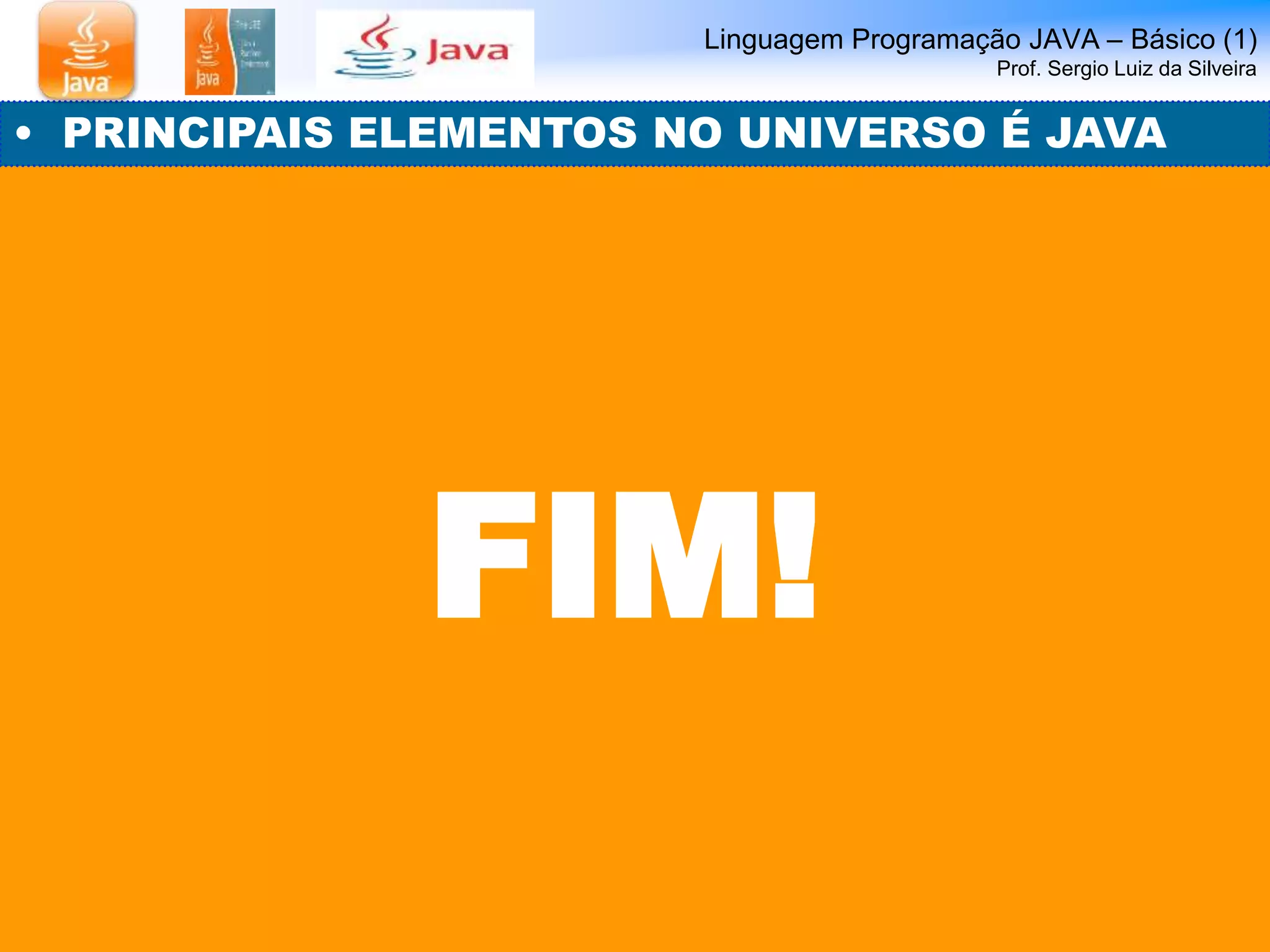 Linguagem Programação JAVA – Básico (1) 
Prof. Sergio Luiz da Silveira 
• PRINCIPAIS ELEMENTOS NO UNIVERSO É JAVA 
FIM! 
