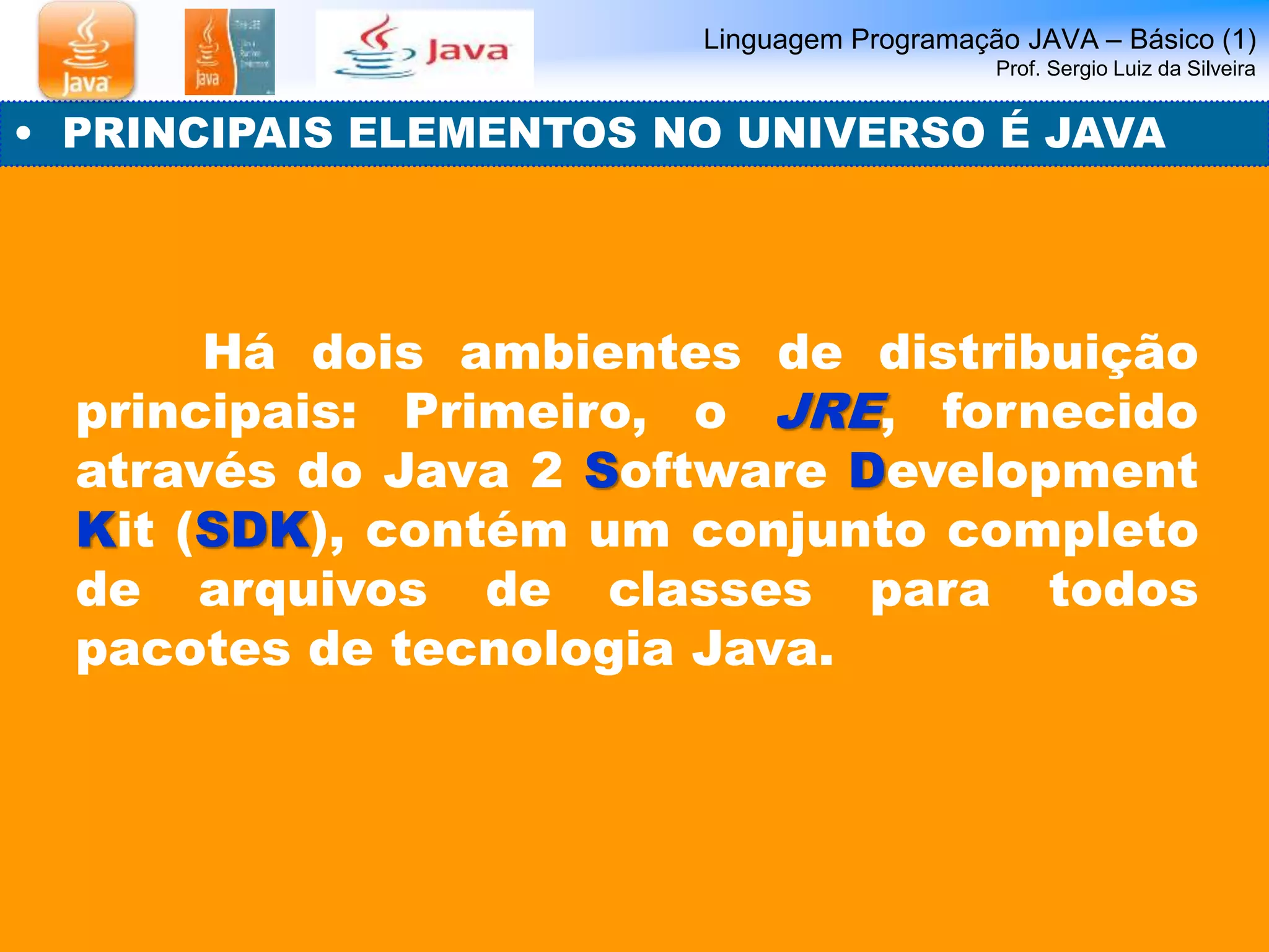 Linguagem Programação JAVA – Básico (1) 
Prof. Sergio Luiz da Silveira 
• PRINCIPAIS ELEMENTOS NO UNIVERSO É JAVA 
Há dois ambientes de distribuição 
principais: Primeiro, o JRE, fornecido 
através do Java 2 Software Development 
Kit (SDK), contém um conjunto completo 
de arquivos de classes para todos 
pacotes de tecnologia Java. 
 