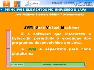 Linguagem Programação JAVA – Básico (1) 
Prof. Sergio Luiz da Silveira 
• PRINCIPAIS ELEMENTOS NO UNIVERSO É JAVA 
Java Platform Standard Edition 7 Documentação 
JVM (Java Virtual Machine) 
É o software que interpreta o 
bytecode, permitndo a execução dos 
programas desenvolvidos em Java. 
A JVM é especifica para cada 
plataforma 
 