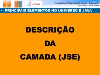 Linguagem Programação JAVA – Básico (1)
Prof. Sergio Luiz da Silveira
DESCRIÇÃO
DA
CAMADA (JSE)
• PRINCIPAIS ELEMENTOS NO ...