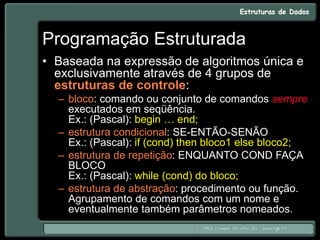 Programação Estruturada
• Baseada na expressão de algoritmos única e
exclusivamente através de 4 grupos de
estruturas de controle:
– bloco: comando ou conjunto de comandos sempre
executados em seqüência.
Ex.: (Pascal): begin … end;
– estrutura condicional: SE-ENTÃO-SENÃO
Ex.: (Pascal): if (cond) then bloco1 else bloco2;
– estrutura de repetição: ENQUANTO COND FAÇA
BLOCO
Ex.: (Pascal): while (cond) do bloco;
– estrutura de abstração: procedimento ou função.
Agrupamento de comandos com um nome e
eventualmente também parâmetros nomeados.
 