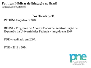 Pós Década de 90
PROUNI lançado em 2004
REUNI – Programa de Apoio a Planos de Reestruturação de
Expansão da Universidades Federais - lançado em 2007
PDE – reeditado em 2007.
PNE – 2014 a 2024.
Políticas Públicas de Educação no Brasil
Antecedentes históricos
 