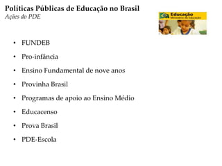 • FUNDEB
• Pro-infância
• Ensino Fundamental de nove anos
• Provinha Brasil
• Programas de apoio ao Ensino Médio
• Educacenso
• Prova Brasil
• PDE-Escola
Políticas Públicas de Educação no Brasil
Ações do PDE
 