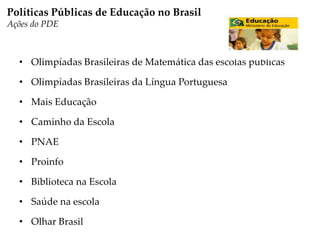 • Olimpíadas Brasileiras de Matemática das escolas públicas
• Olimpíadas Brasileiras da Língua Portuguesa
• Mais Educação
• Caminho da Escola
• PNAE
• Proinfo
• Biblioteca na Escola
• Saúde na escola
• Olhar Brasil
Políticas Públicas de Educação no Brasil
Ações do PDE
 