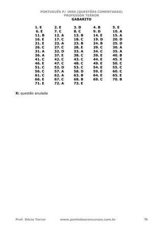 PORTUGUÊS P/ INSS (QUESTÕES COMENTADAS)
PROFESSOR TERROR
Prof. Décio Terror www.pontodosconcursos.com.br 70
GABARITO
1. E 2. E 3. D 4. B 5. E
6. E 7. C 8. C 9. D 10. A
11. B 12. A 13. B 14. E 15. A
16. E 17. C 18. C 19. D 20. D
21. E 22. A 23. B 24. B 25. D
26. C 27. C 28. E 29. C 30. A
31. A 32. D 33. A 34. C 35. A
36. A 37. E 38. C 39. E 40. B
41. C 42. C 43. C 44. E 45. X
46. E 47. C 48. C 49. E 50. C
51. C 52. D 53. C 54. E 55. C
56. C 57. A 58. D 59. E 60. C
61. C 62. A 63. B 64. E 65. E
66. E 67. C 68. B 69. C 70. B
71. E 72. A 73. E
X: questão anulada
 
