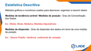 Estatística Descritiva
Métodos gráficos e numéricos usados para descrever, organizar e resumir dados
Medidas de tendência central / Medidas de posição : Grau de Concentração
dos Dados
Ex.: Media, Moda, Mediana, Medidas Separatrizes
Medidas de dispersão : Grau de dispersão dos dados em torno de uma medida
de posição
Ex.: Desvio Padrão, Variância, coeficiente de variação.
 