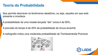 Teoria da Probabilidade
Nos permite descrever os fenômenos aleatórios, ou seja, aqueles em que está
presente a incerteza
A probabilidade de uma moeda lançada “dar” coroa é de 50%;
A previsão do tempo é de 40% de probabilidade de chuva amanhã;
A radiografia indica uma moderada probabilidade de Tromboembolia Pumonar
 