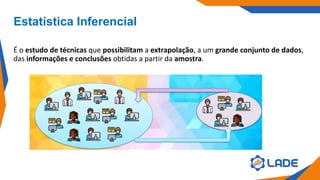 Estatística Inferencial
É o estudo de técnicas que possibilitam a extrapolação, a um grande conjunto de dados,
das informações e conclusões obtidas a partir da amostra.
 