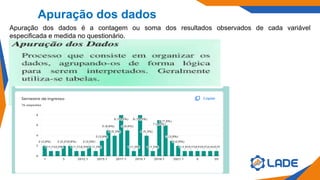 Apuração dos dados
Apuração dos dados é a contagem ou soma dos resultados observados de cada variável
especificada e medida no questionário.
 