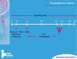 1º 7º 14º 21º 26º 3º 28º HSG FSH, LH, TSH Estradiol Prolactina P. U.S.  Transvaginal Espermograma 23º Propedêutica básica 