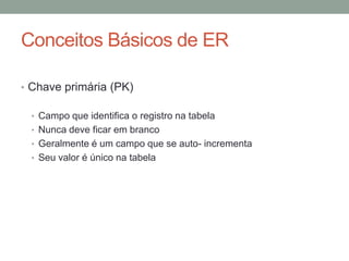 Conceitos Básicos de ER
• Chave primária (PK)
• Campo que identifica o registro na tabela
• Nunca deve ficar em branco
• Geralmente é um campo que se auto- incrementa
• Seu valor é único na tabela
 