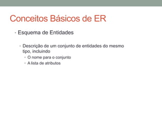• Esquema de Entidades
• Descrição de um conjunto de entidades do mesmo
tipo, incluindo
• O nome para o conjunto
• A lista de atributos
Conceitos Básicos de ER
 